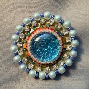 Beaded Brooch Blue Domed Glass Cabochon Handmade Statement 3”